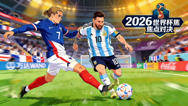 2026世界杯焦点对决概念图：阿根廷与法国队球员对抗场面